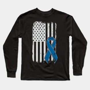 Colorectal Cancer Awareness Distressed American Us Flag Long Sleeve T-Shirt